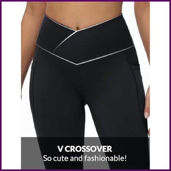 High Waist Flare Leggings with Pockets, V Crossover Yoga Pants for Workout - Picture 4 of 8